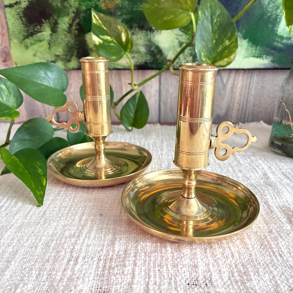 Vintage Swedish Brass Chambersticks, Mid Century Scandinavian Brass Candlesticks